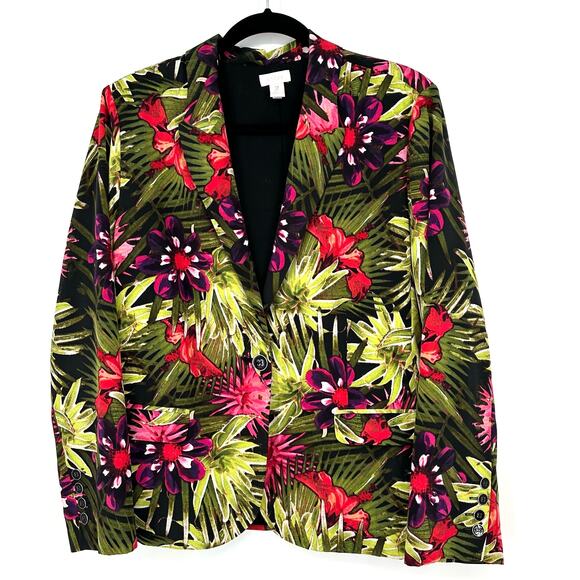 Chicos Jacket Womens Large 2 Black Floral Blazer Tropical Button Green Colorful - Picture 7 of 9